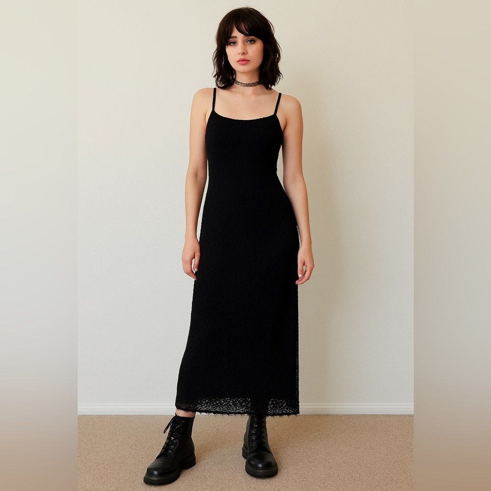 Vintage Y2K 90’s Heart Moon Star Black Crochet Slip Style Maxi Dress Size Large